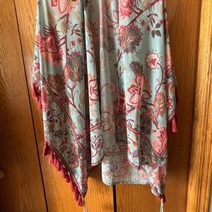 Soft Surroundings Ruana topper with Tassels and shells in a soft sea green